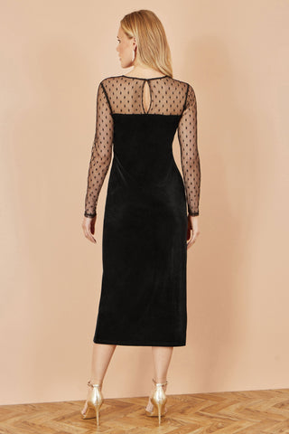 Black Velvet Midi Dress With Slash Neckline and Sheer Sleeves Yumi