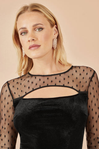 Black Velvet Midi Dress With Slash Neckline and Sheer Sleeves Yumi