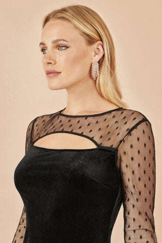 Black Velvet Midi Dress With Slash Neckline and Sheer Sleeves Yumi