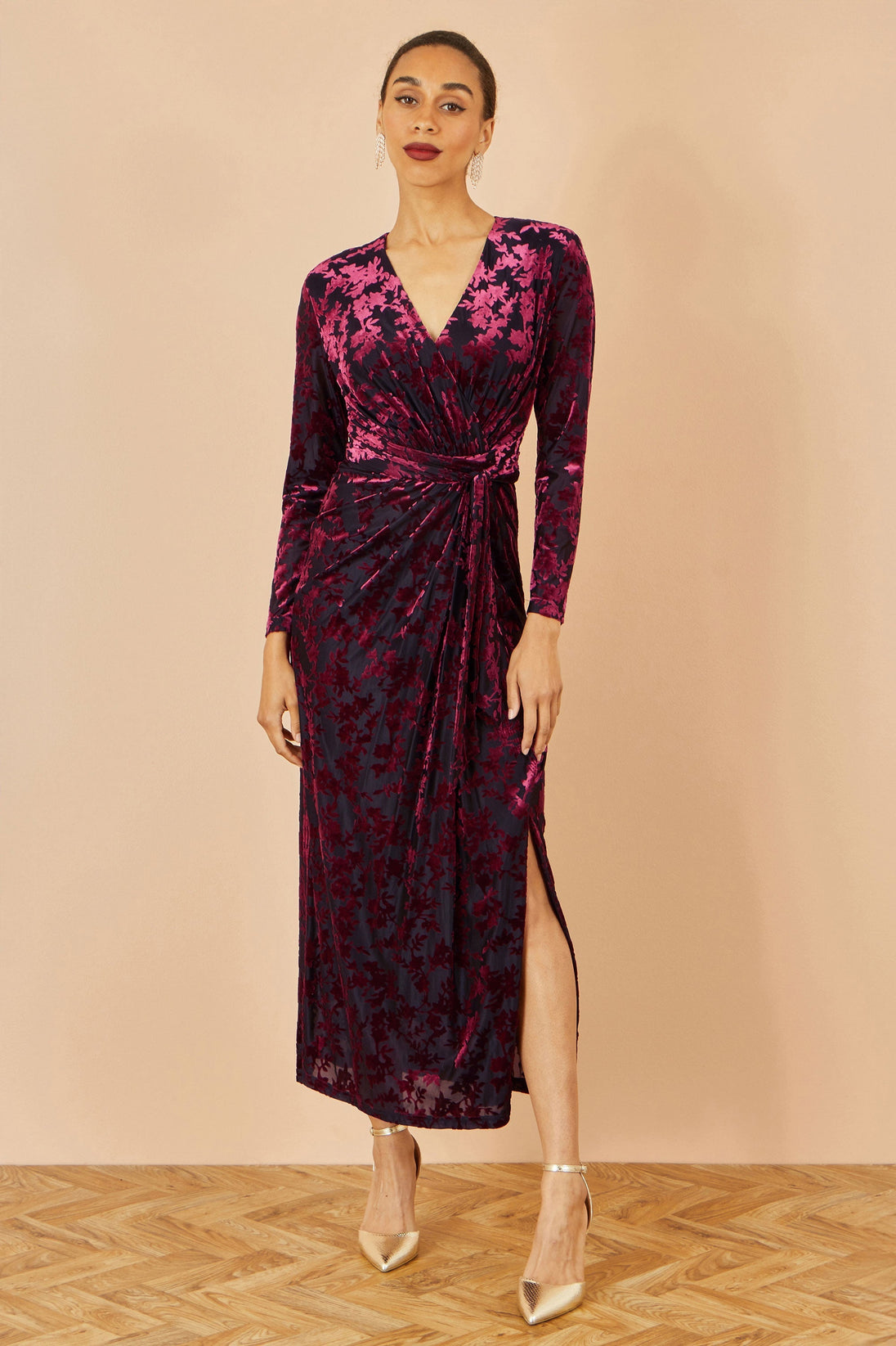Yumi Burgundy Velour Stretch Midi Dress With Long Sleeves Yumi