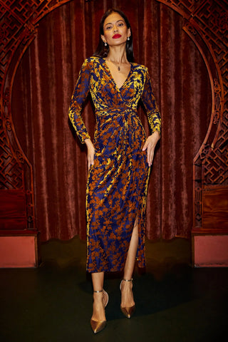 Yumi Navy Velour Stretch Midi Dress With Long Sleeves Yumi