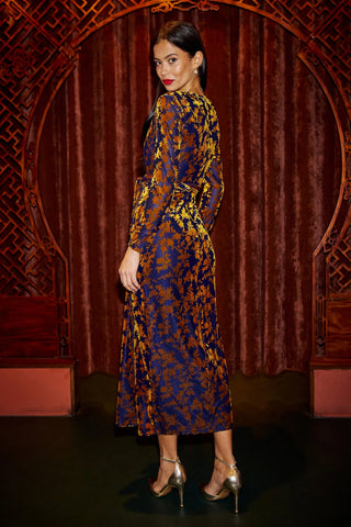 Yumi Navy Velour Stretch Midi Dress With Long Sleeves Yumi