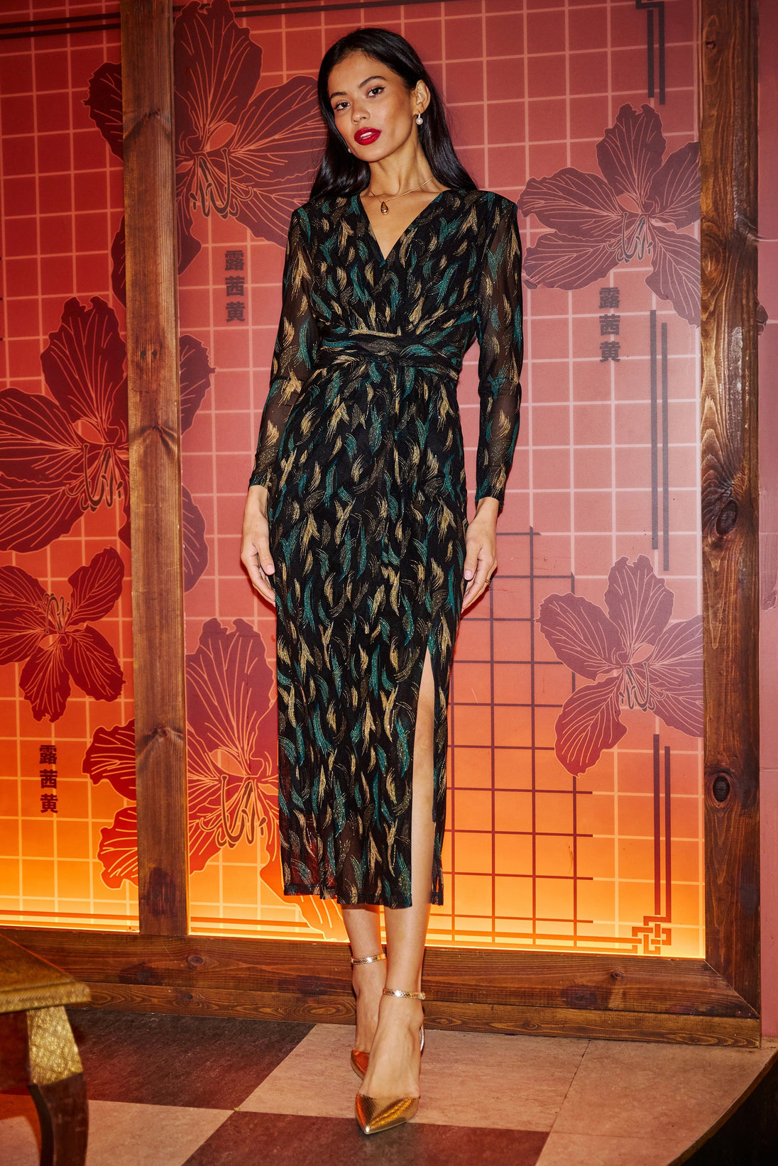 Black Metallic Sparkle Mesh Wrap Midi Dress - Ezeyor