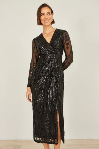 Yumi black sequin midi dress with long sleeves and split hemline