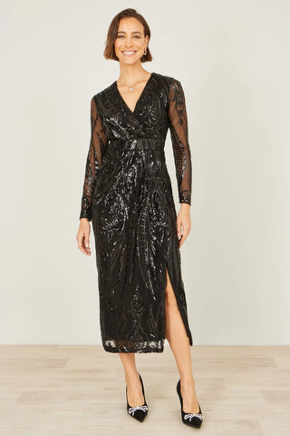 Yumi black sequin midi wrap dress with long sleeves and split hemline