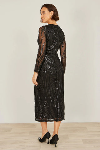 Yumi Black Sequin Midi Dress with long sleeves and split hemline, back view