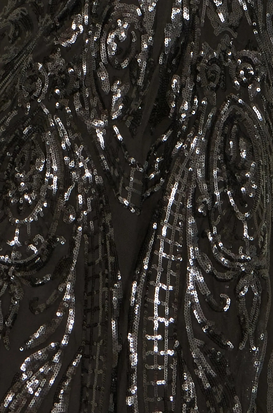 close-up of swirling black sequin fabric on Yumi black sequin midi dress