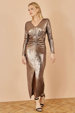 Yumi Gold Metallic Stretch Ruched Maxi Dress With Long Sleeves And Split Hemline Yumi