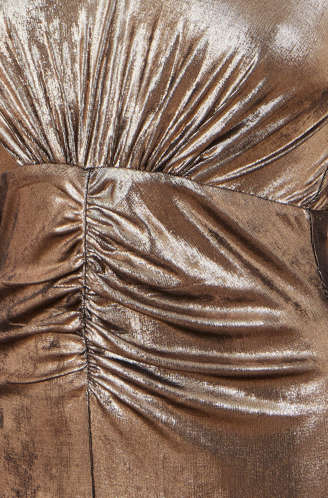 Yumi Gold Metallic Stretch Ruched Maxi Dress With Long Sleeves And Split Hemline Yumi