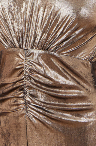 Yumi Gold Metallic Stretch Ruched Maxi Dress With Long Sleeves And Split Hemline Yumi