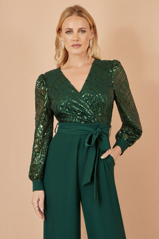 Yumi Green Sequin Wrap Over Jumpsuit Yumi