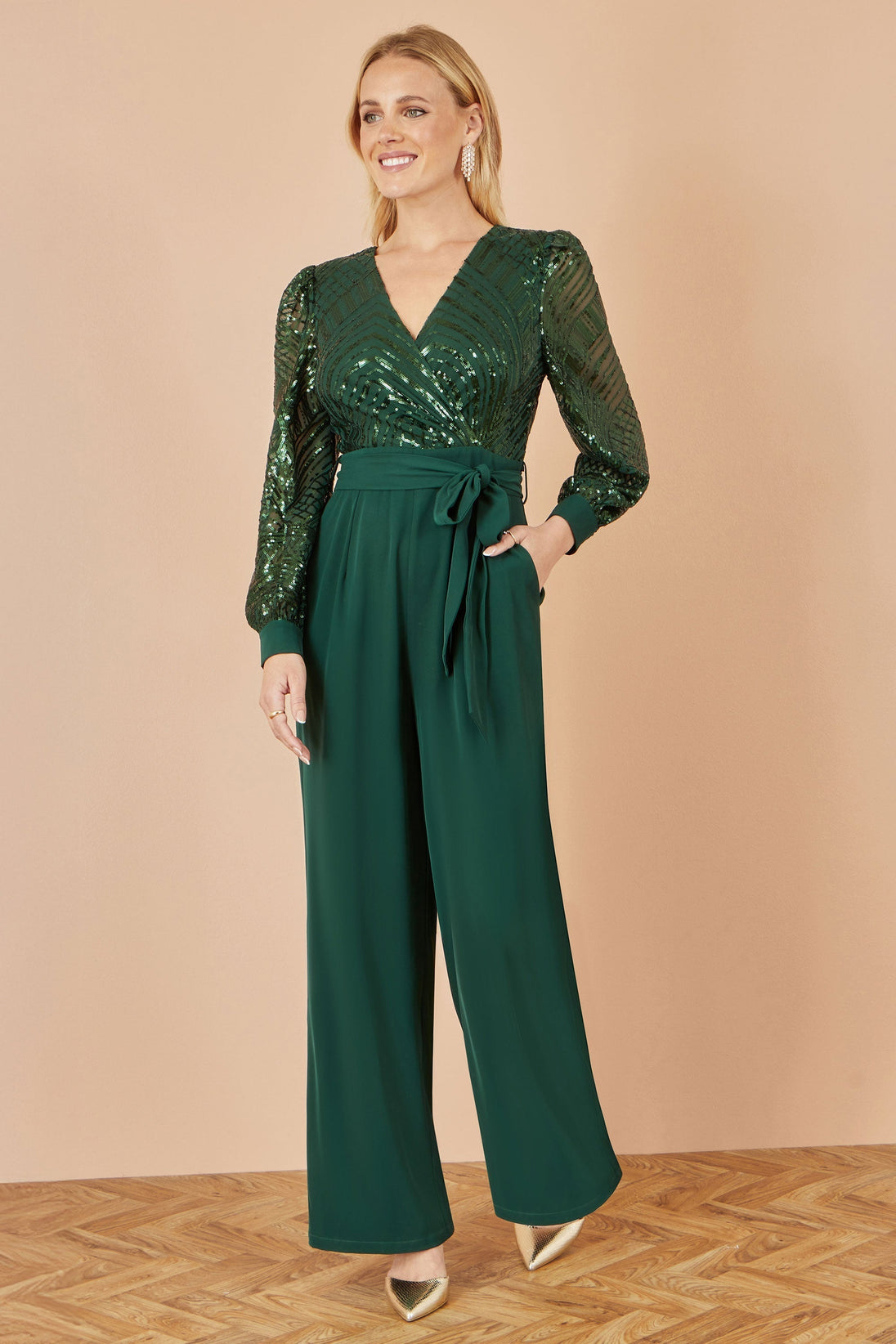 Yumi Green Sequin Wrap Over Jumpsuit Yumi