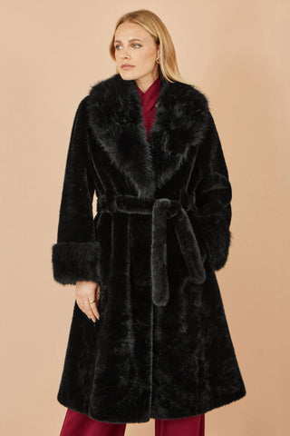 Black Wrap Faux Fur Coat With Oversize Collar - Ezeyor