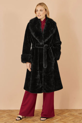 Black Wrap Faux Fur Coat With Oversize Collar - Ezeyor