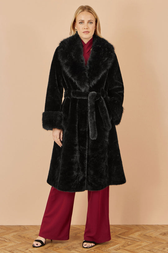 Black Wrap Faux Fur Coat With Oversize Collar - Ezeyor