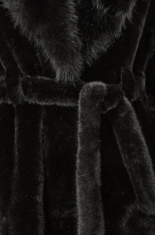 Black Wrap Faux Fur Coat With Oversize Collar - Ezeyor