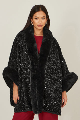 Black Sequin Cape with Faux Fur Trim and Lining - Ezeyor