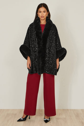 Black Sequin Cape with Faux Fur Trim and Lining - Ezeyor