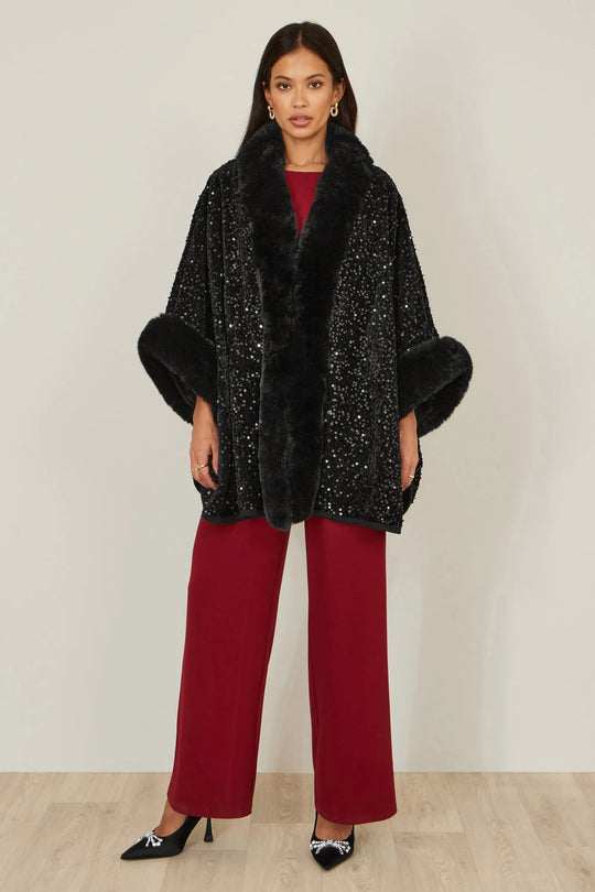 Black Sequin Cape with Faux Fur Trim and Lining - Ezeyor