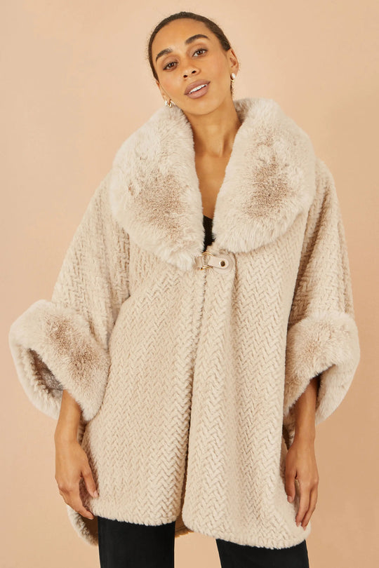 Yumi beige textured fur lined cape with oversize collar and buckle fastening, soft faux fur, luxury outerwear
