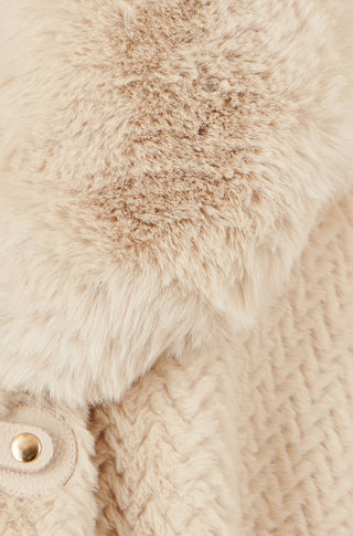 Yumi beige textured fur lined cape with oversized faux fur collar and buckle fastening