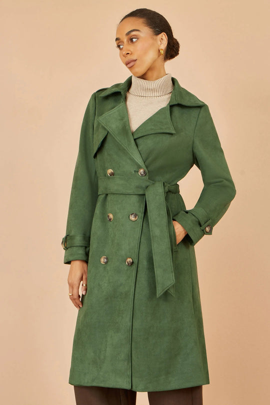 Green Faux Suede Trench Coat - Ezeyor