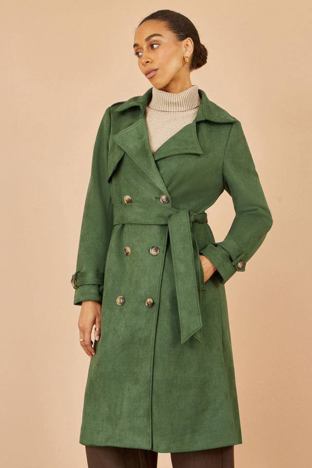 Green Faux Suede Trench Coat - Ezeyor