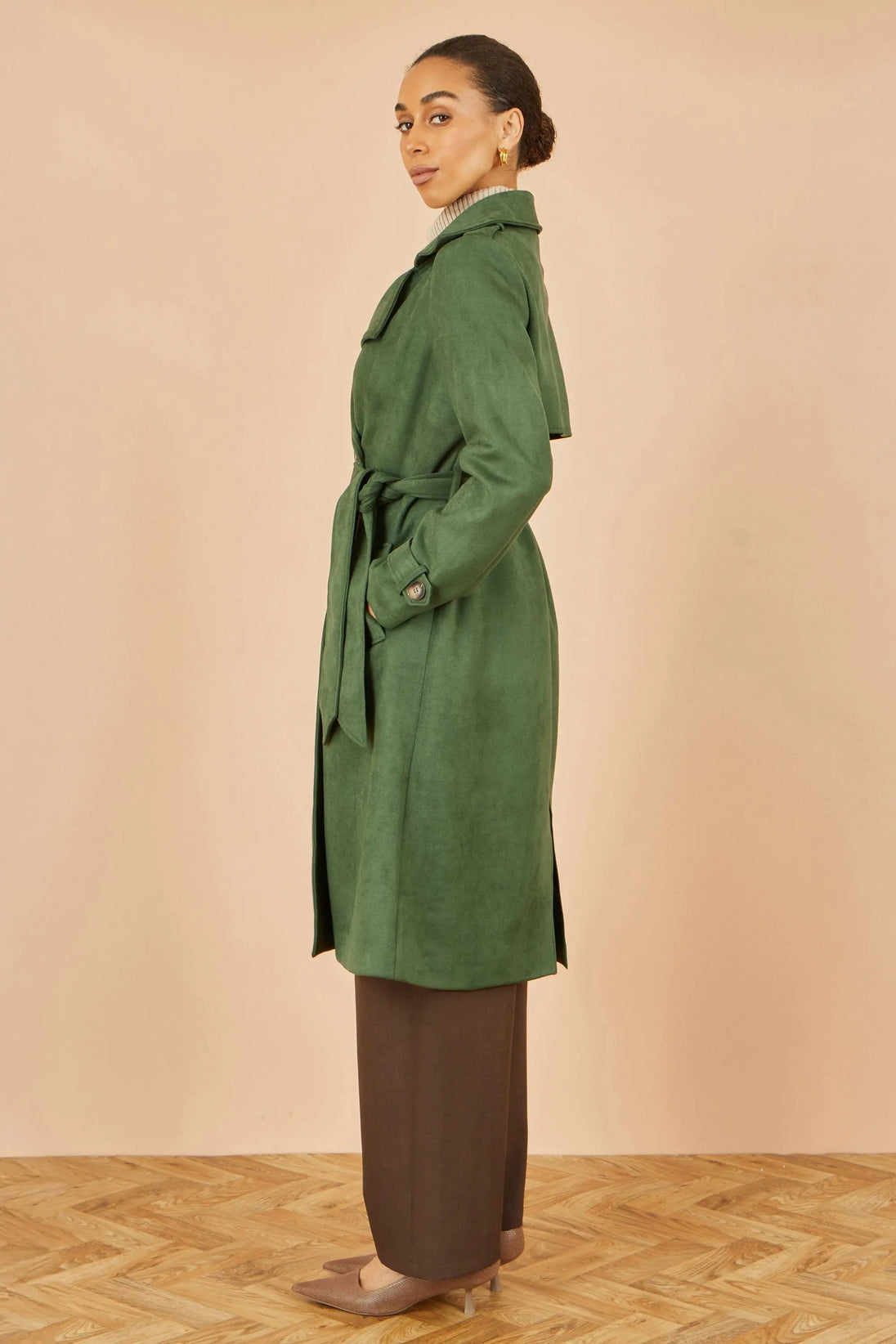 Green Faux Suede Trench Coat - Ezeyor