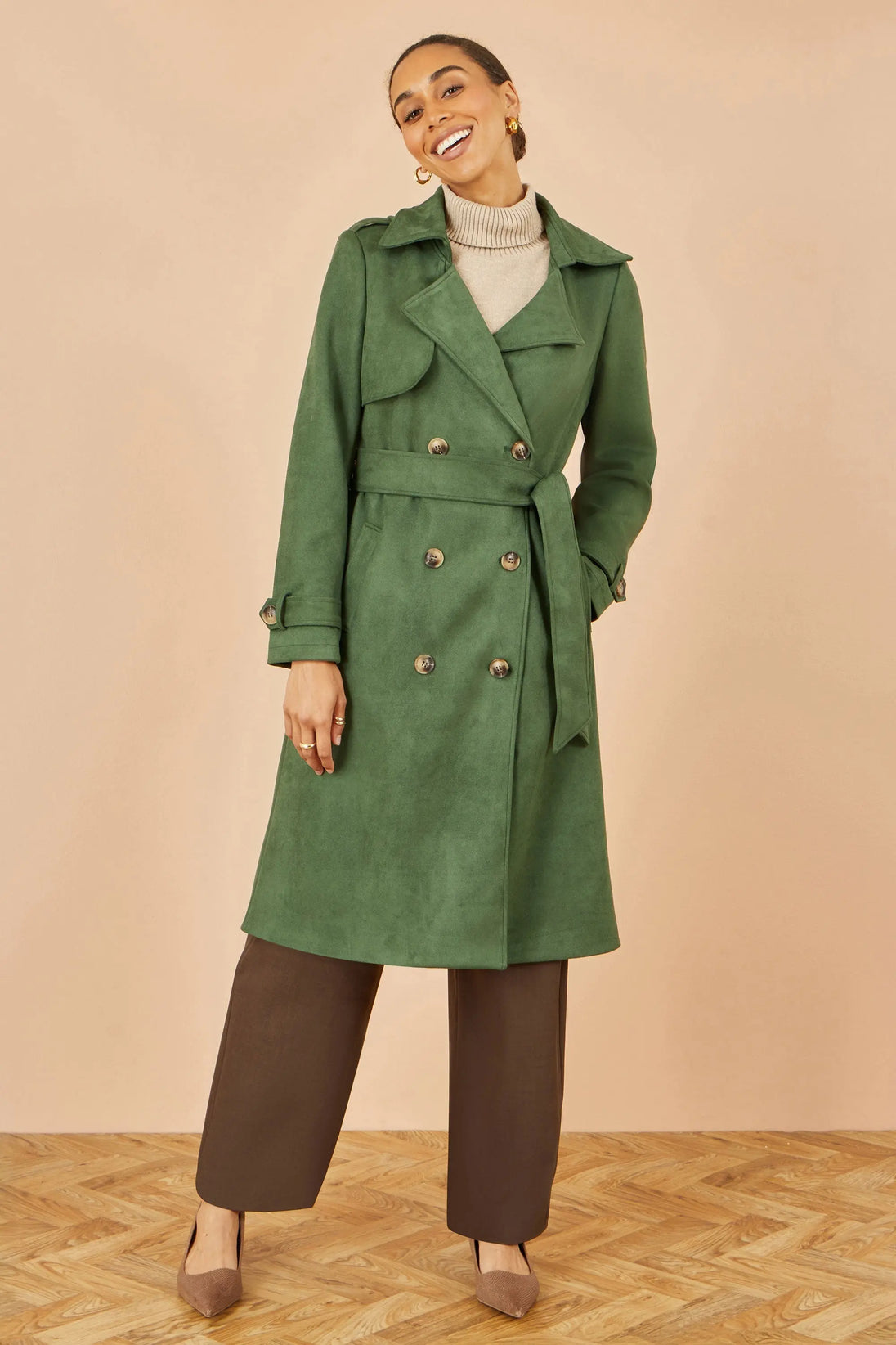 Green Faux Suede Trench Coat - Ezeyor