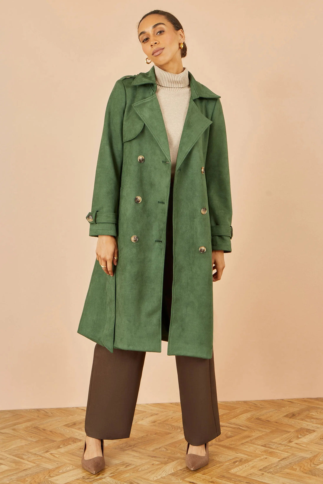 Green Faux Suede Trench Coat - Ezeyor