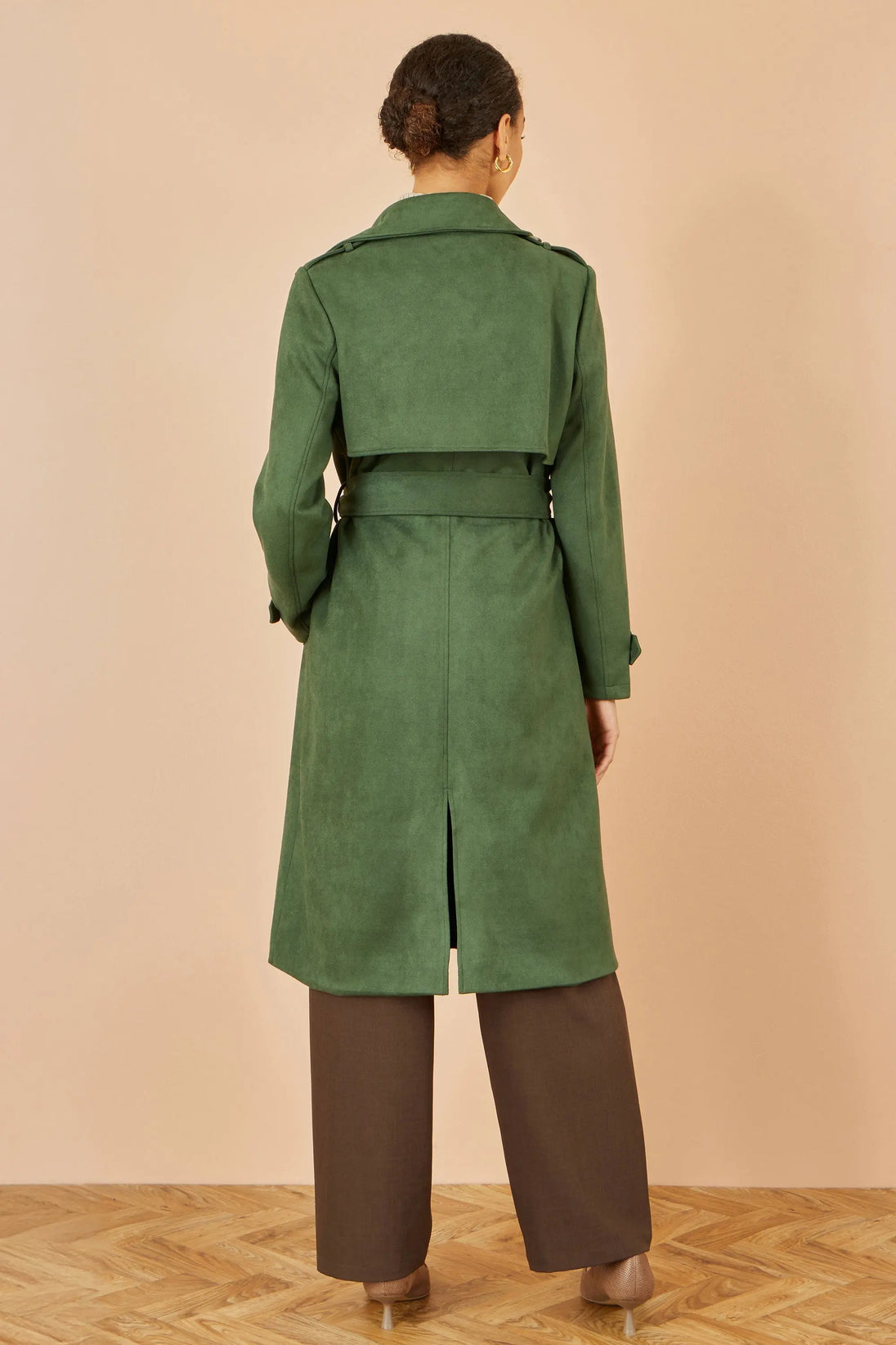 Green Faux Suede Trench Coat - Ezeyor