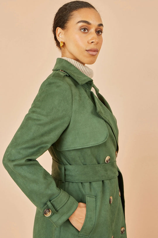 Green Faux Suede Trench Coat - Ezeyor