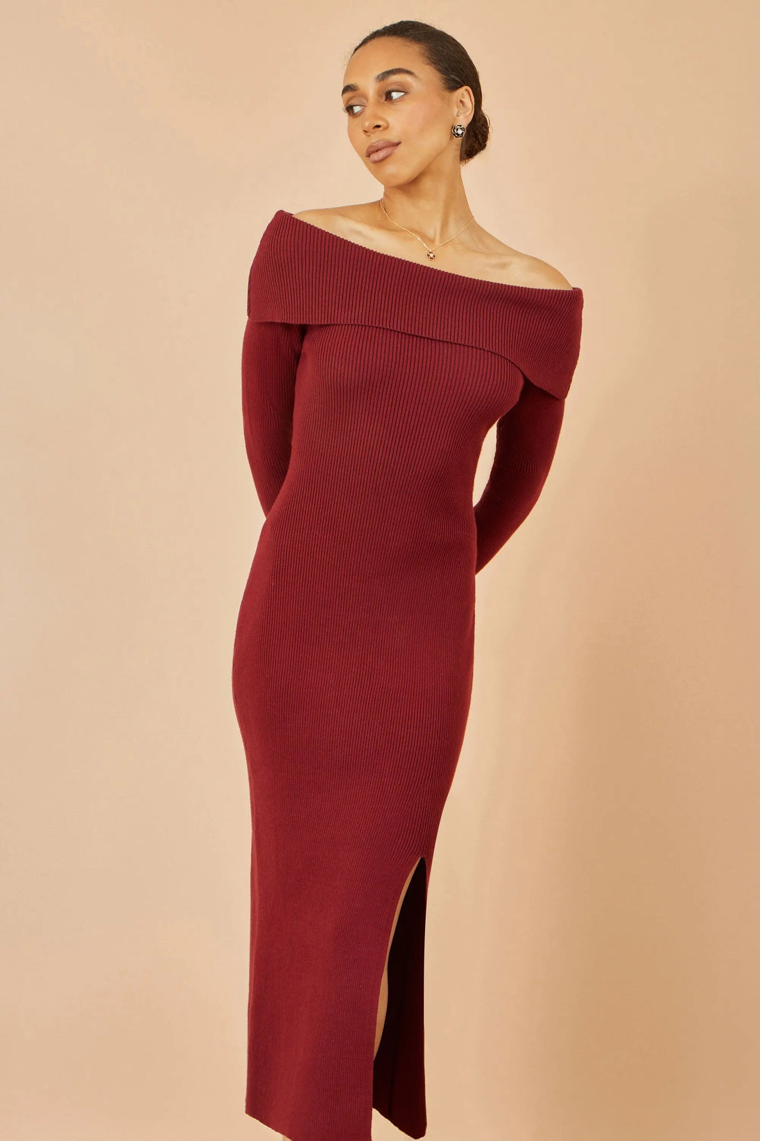 Yumi Burgundy Bardot knitted fitted midi dress with split hem and long sleeves