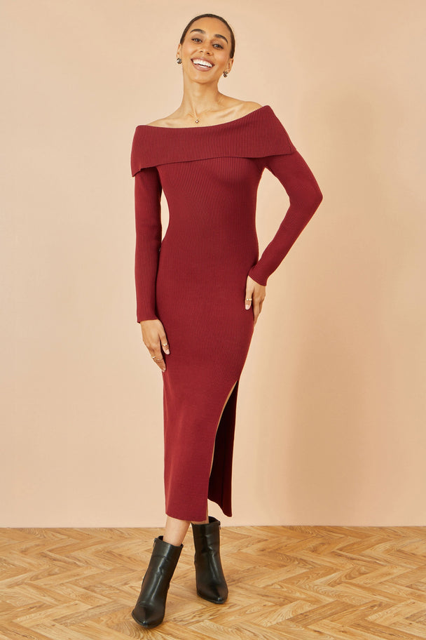 Yumi Burgundy Bardot knitted fitted midi dress with long sleeves and split hemline