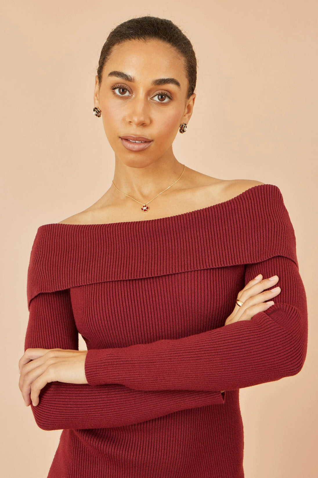 Yumi Burgundy Bardot knitted fitted midi dress with split hemline and long sleeves in soft ribbed knit