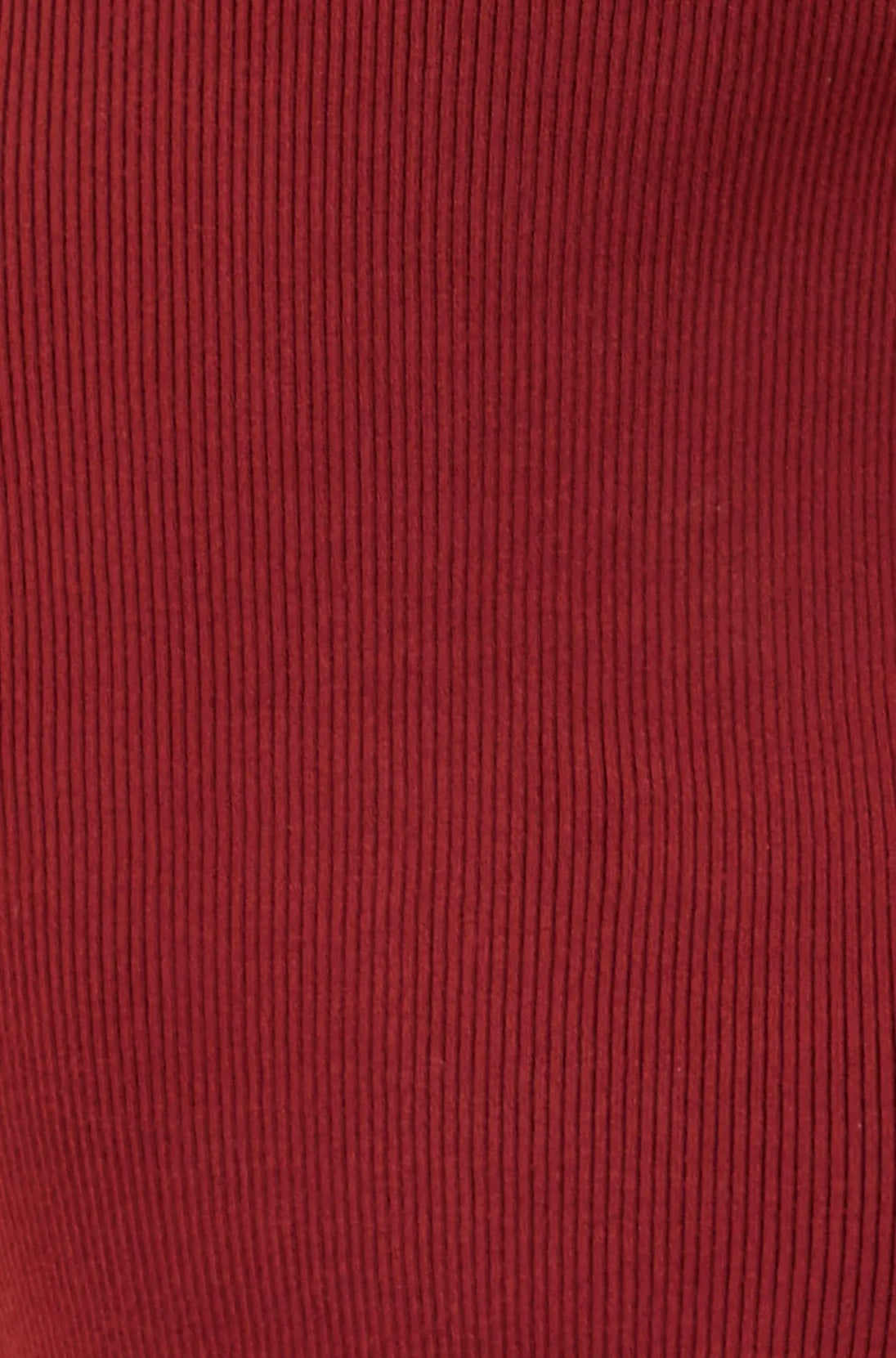 Yumi Burgundy Bardot fitted midi dress in soft ribbed knit with split hemline and long sleeves