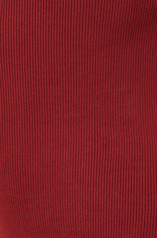 Yumi Burgundy Bardot fitted midi dress in soft ribbed knit with split hemline and long sleeves