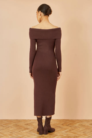 Yumi Brown Bardot fitted knitted midi dress with long sleeves and split hemline