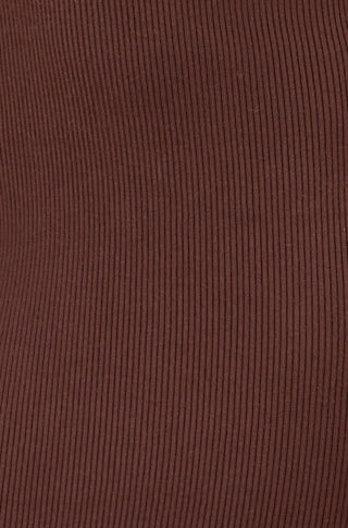 Yumi Brown Bardot fitted ribbed knit midi dress with long sleeves and split hemline