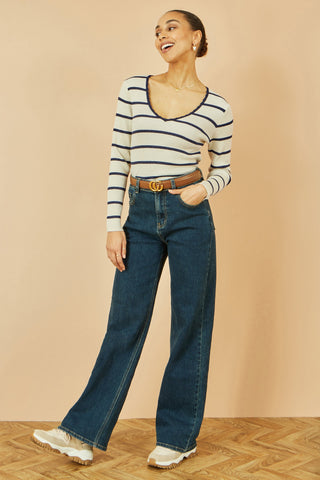 Yumi White Metallic Stripe Knitted Ribbed Top - Ezeyor