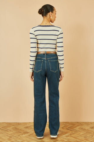 Yumi White Metallic Stripe Knitted Ribbed Top - Ezeyor