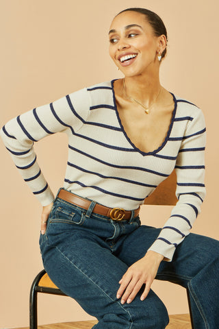 Yumi White Metallic Stripe Knitted Ribbed Top - Ezeyor