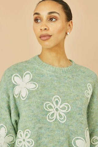 Yumi Green Relaxed Knitted Jumper With Crochet Flowers Yumi