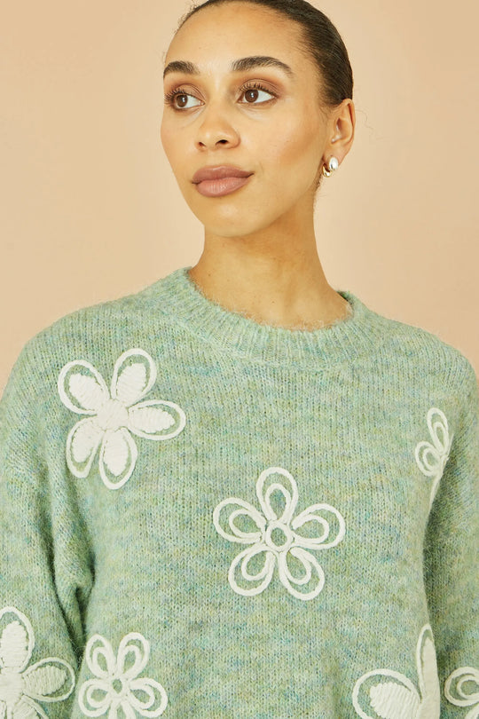 Yumi Green Relaxed Knitted Jumper With Crochet Flowers Yumi
