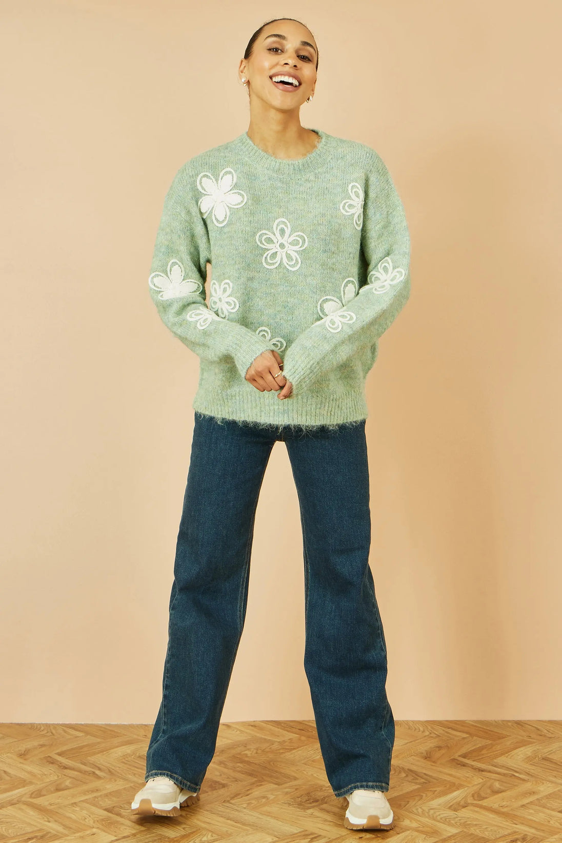 Yumi Green Relaxed Knitted Jumper With Crochet Flowers Yumi