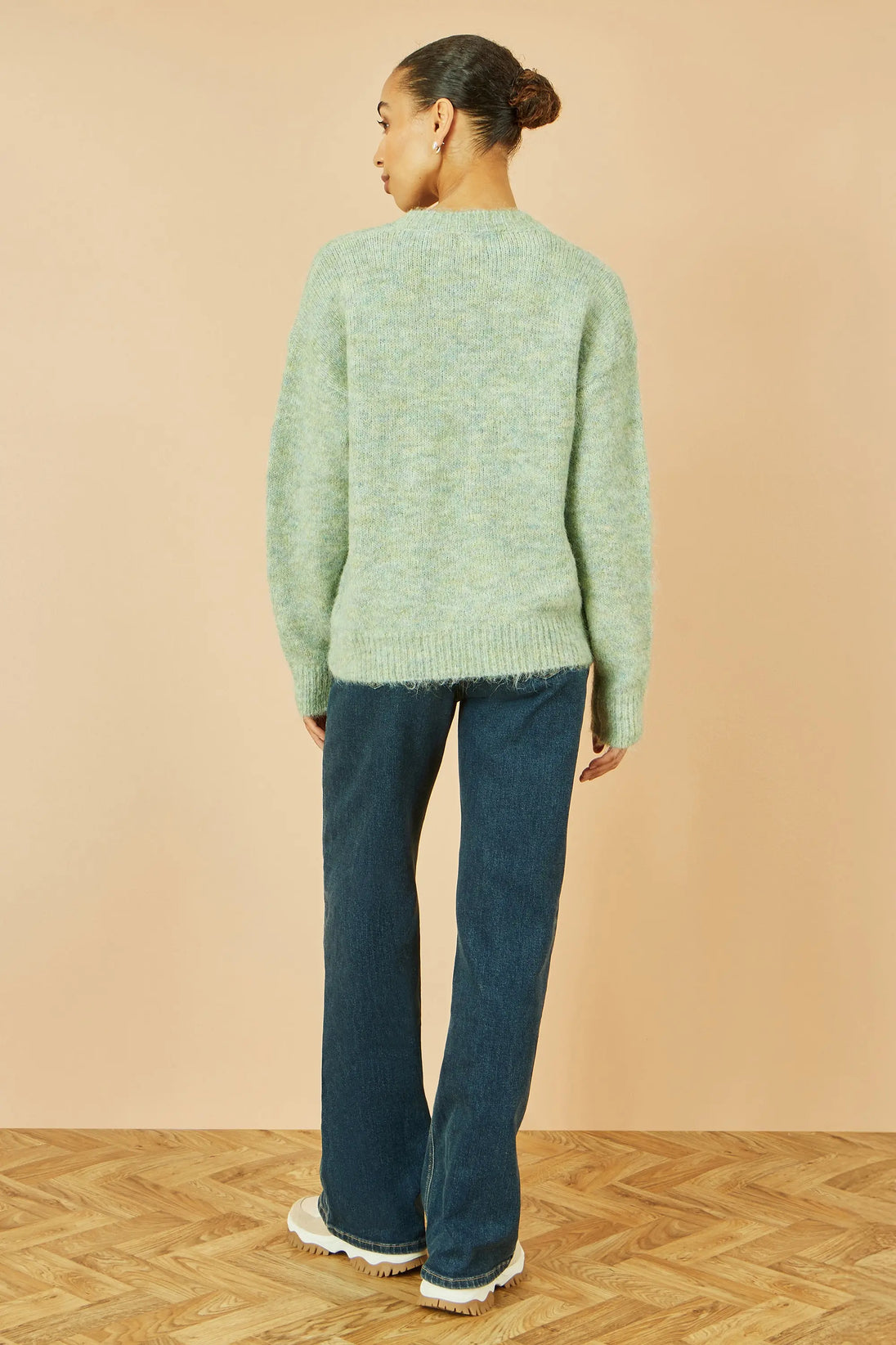 Yumi Green Relaxed Knitted Jumper With Crochet Flowers Yumi