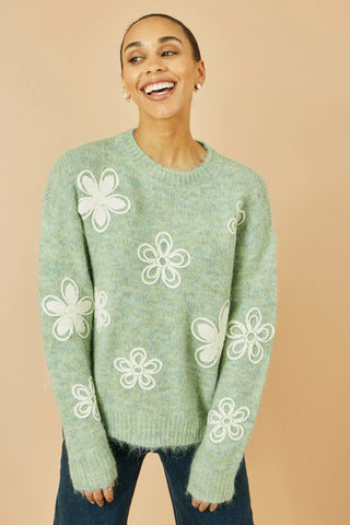 Yumi Green Relaxed Knitted Jumper With Crochet Flowers Yumi