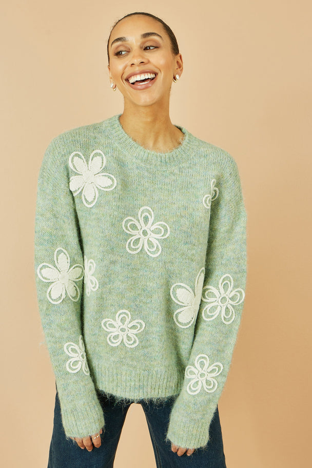 Green Relaxed Knitted Jumper With Crochet Flowers Yumi