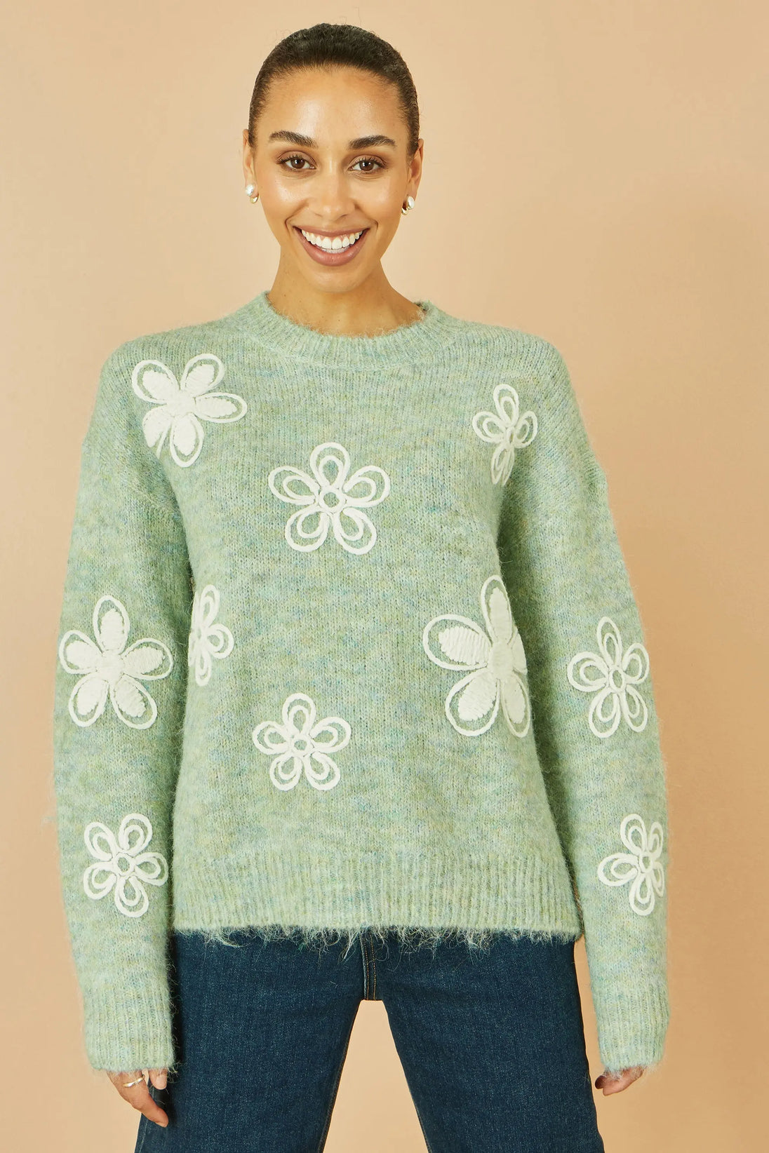 Yumi Green Relaxed Knitted Jumper With Crochet Flowers Yumi