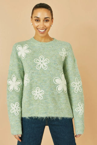 Yumi Green Relaxed Knitted Jumper With Crochet Flowers Yumi